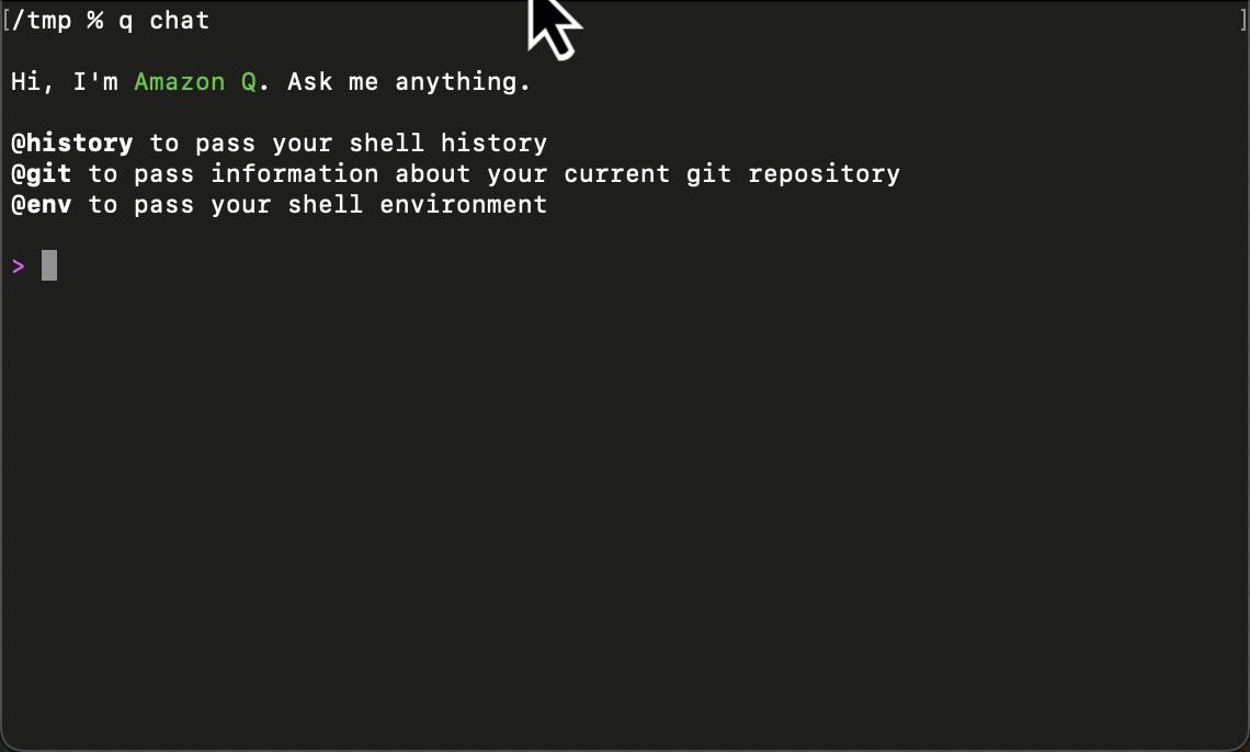 Animated screen recording of a terminal window showing Amazon Q Developer CLI in action. The terminal displays a welcome message 'Hi, I'm Amazon Q. Ask me anything.' The flow of events in the recording is captured in the next image. 