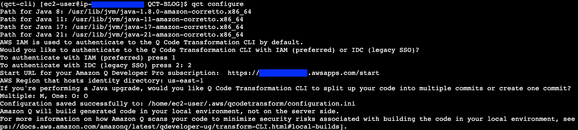 Figure 3: Screenshot of Amazon Q Developer CLI configuration screen showing IAM Identity Center (IDC) authentication options and prompts