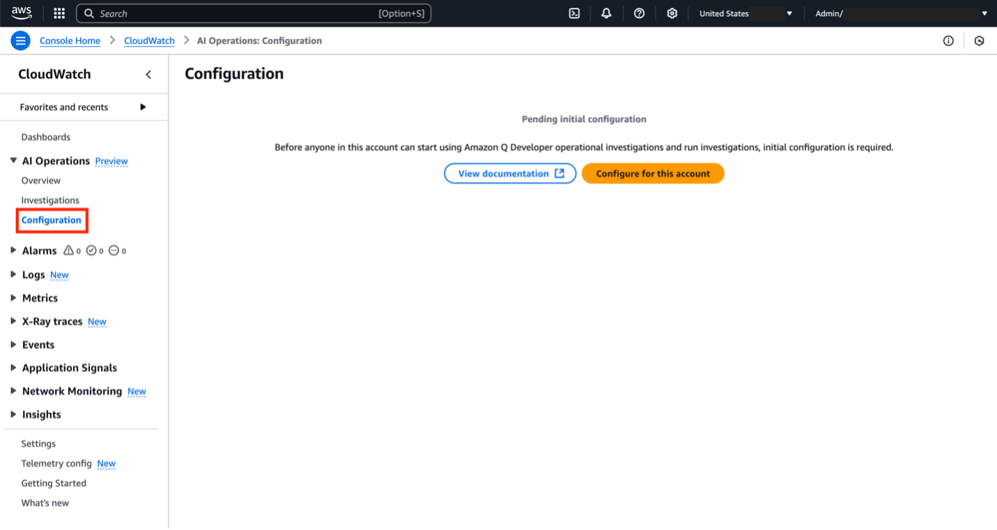 CloudWatch Investigations 기본 설정 화면 예