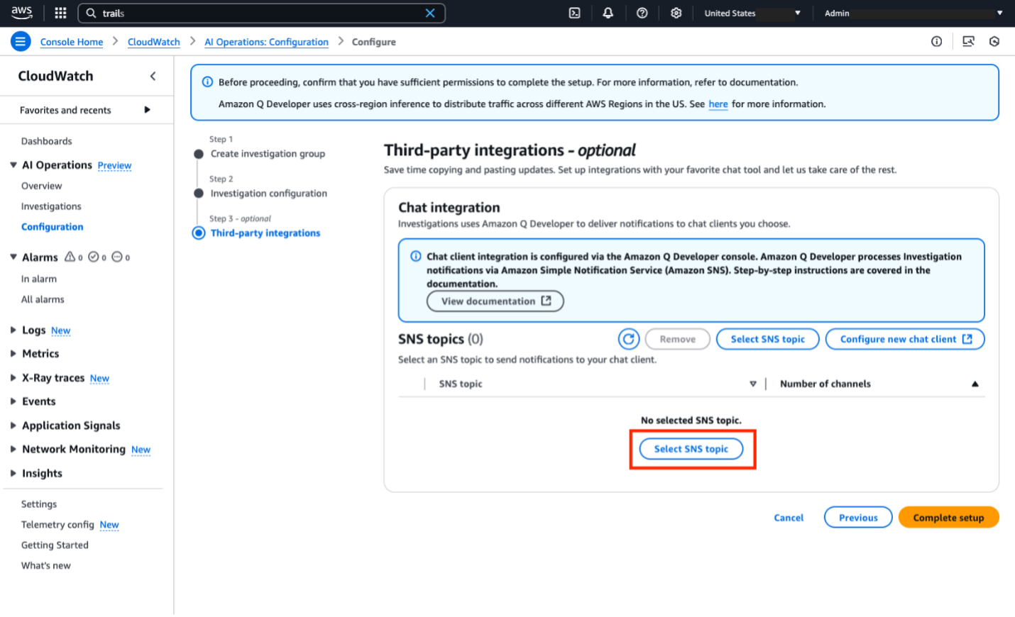 CloudWatch Investigations의 SNS 옵션 설정 예