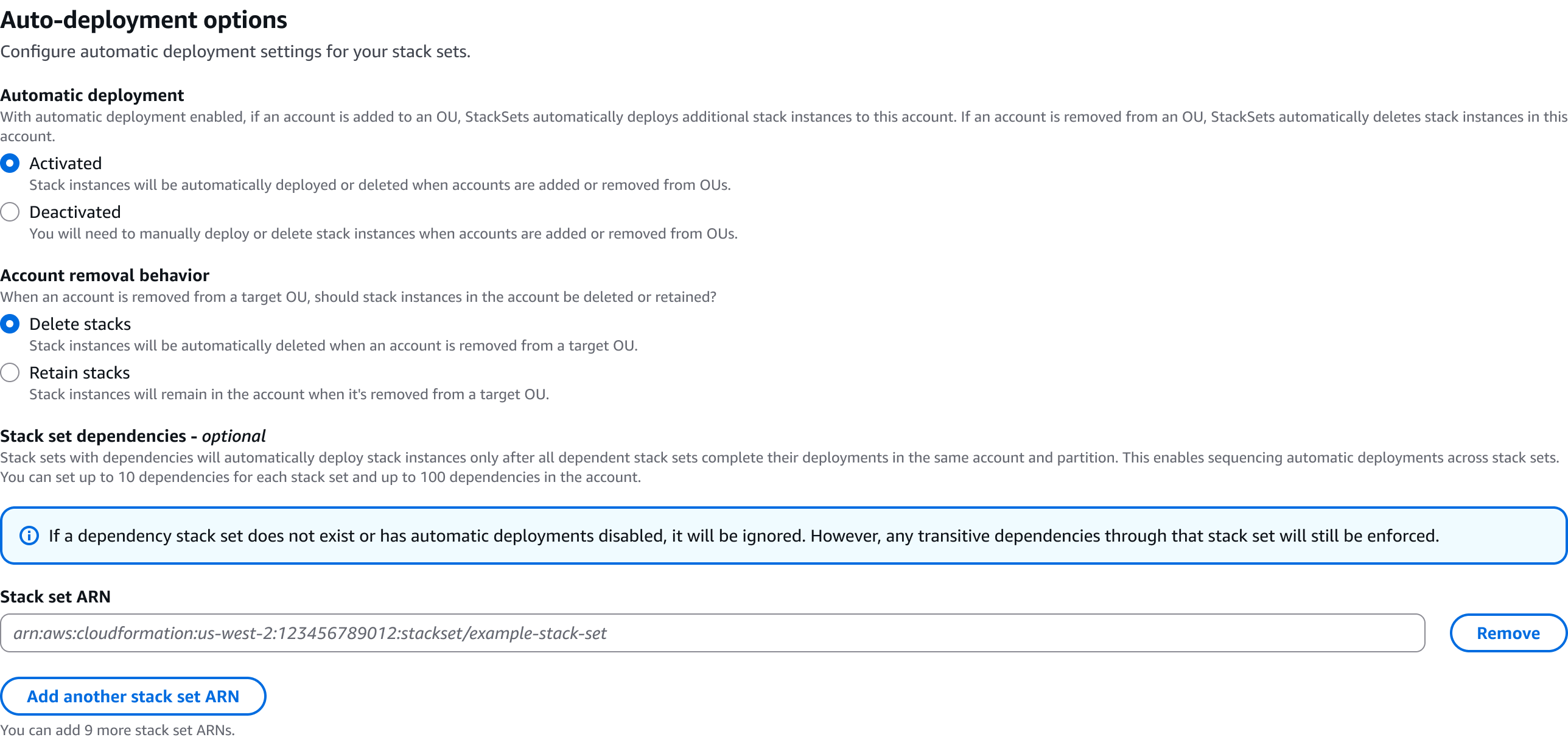 Console view showing options to Activate or Deactivate Automatic deployment, and whether to Delete or Retain stacks, and the new feature, Stack set dependencies, and a space to designate a dependent stack set. 