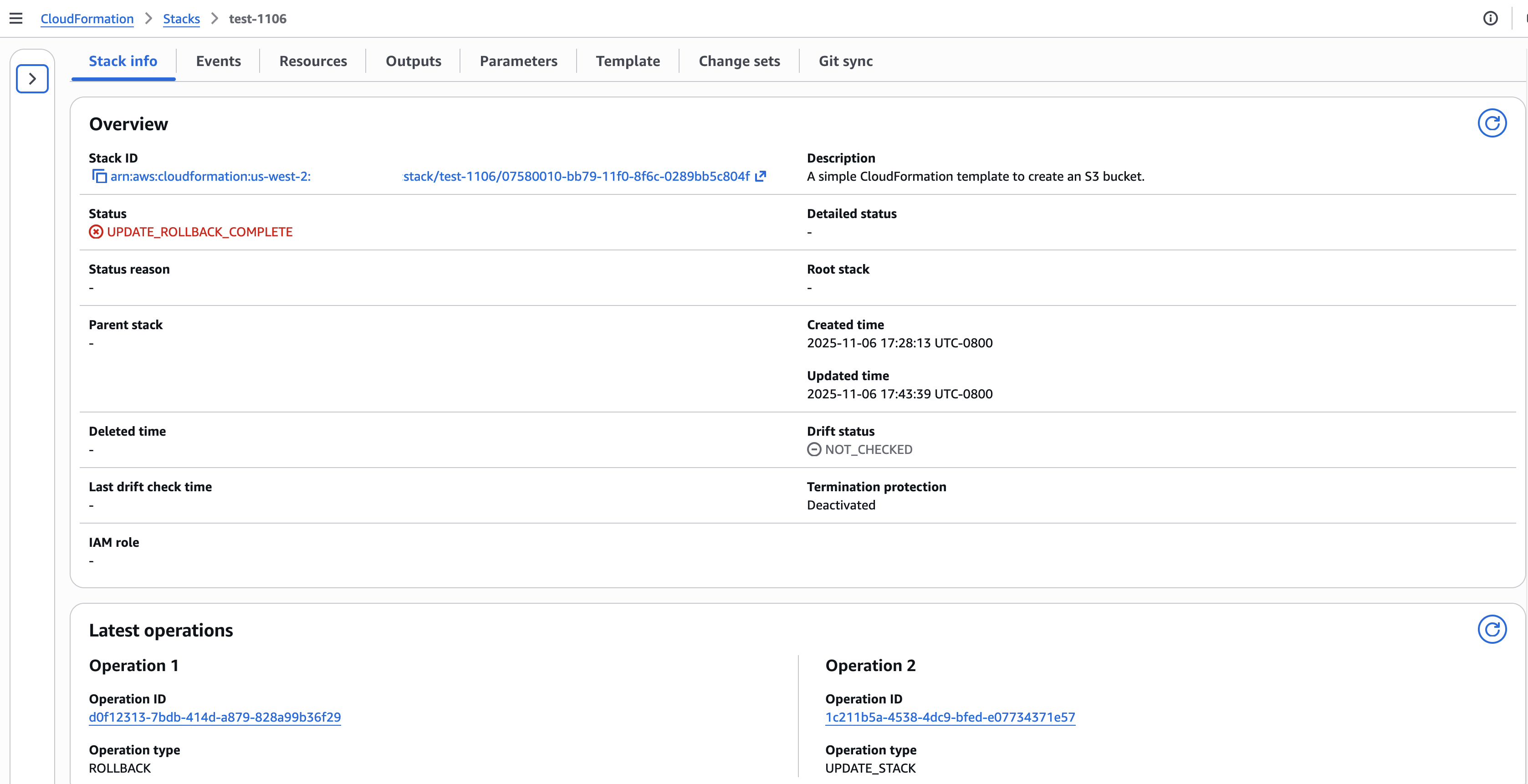 Figure 11: CloudFormation Stack Info page showing new operation IDs