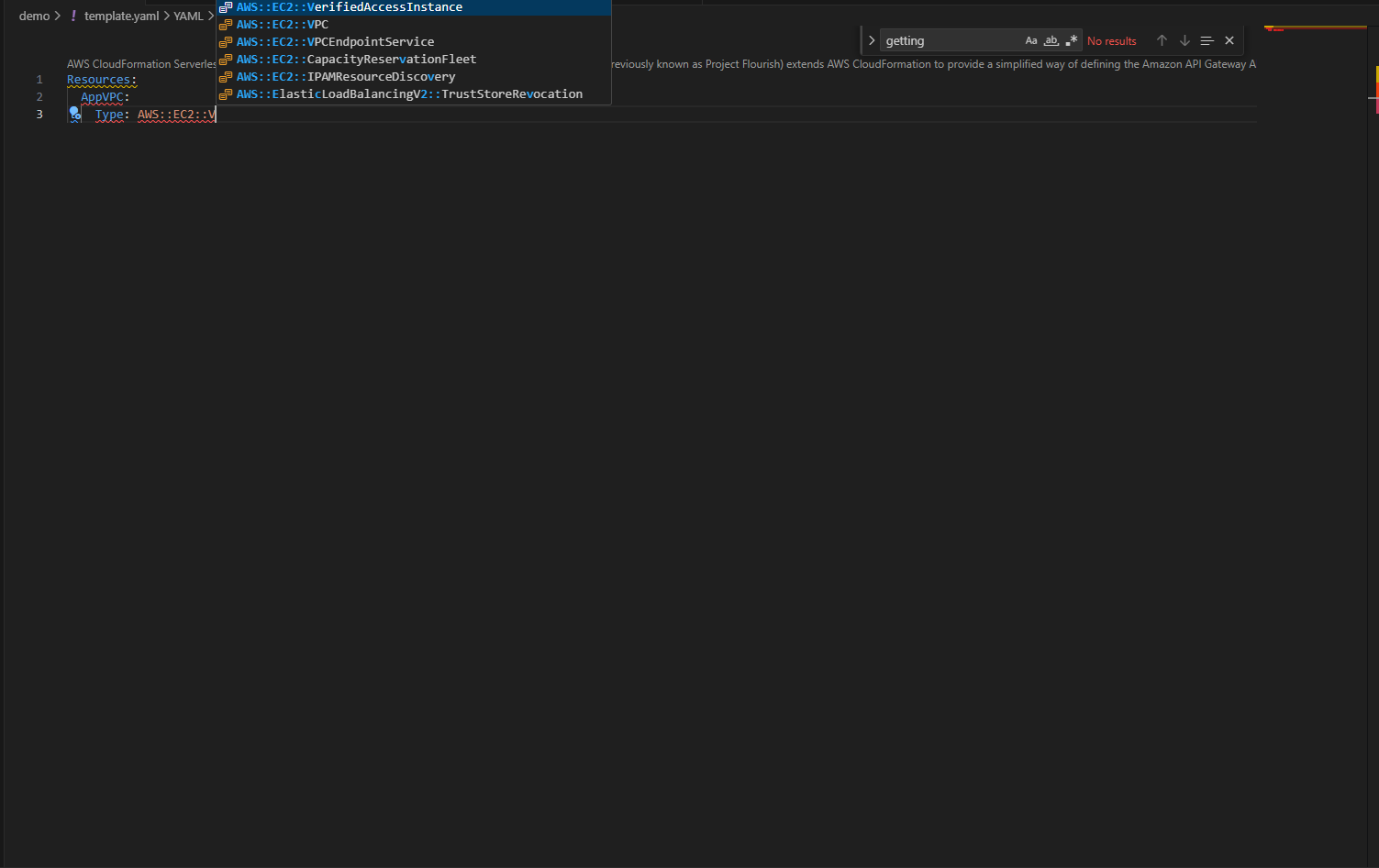 Cloudformation IDE extension intelligent completion