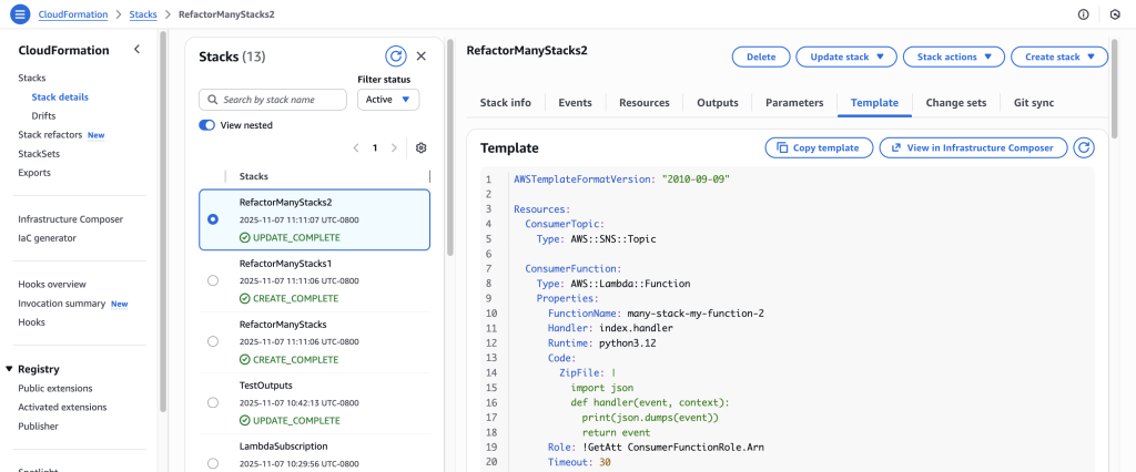 Click on the stack in the details to navigate to the stack details. You can verify the refactor changes here.