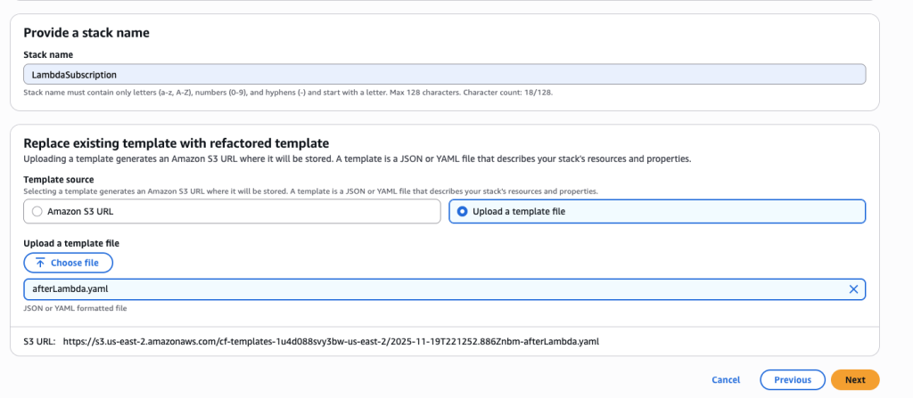 Upload afterLambda.yaml template file