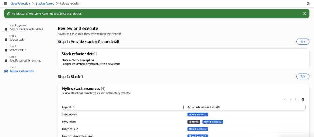 The stack refactor preview will start generating. Wait for the preview to complete. You can verify actions under Stack 1 and Stack 2. It will show you the action for each resource.