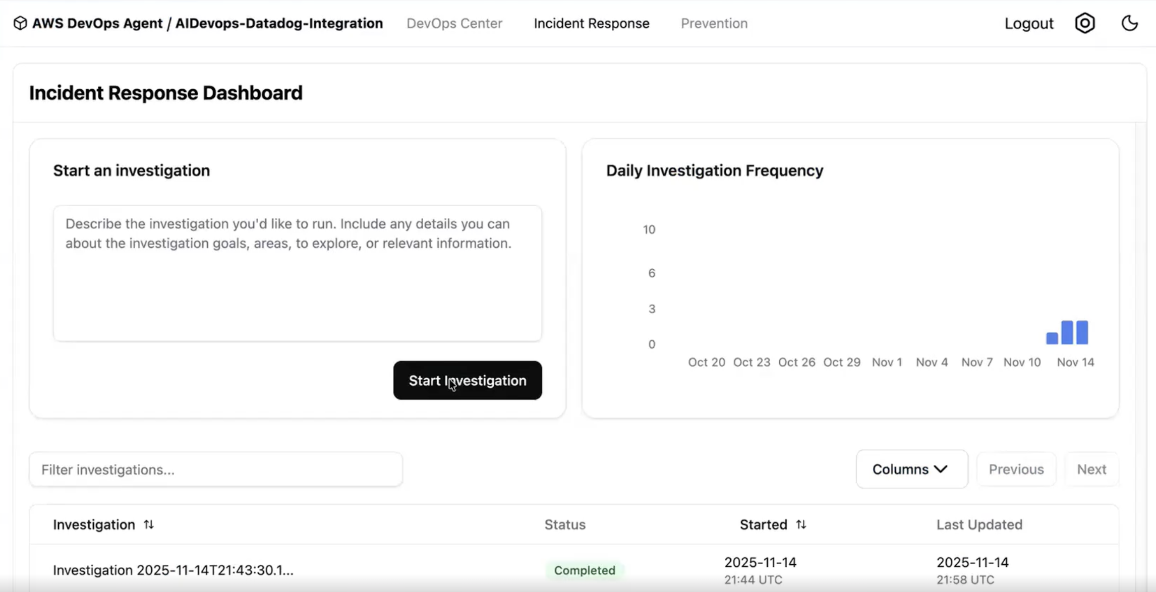 This is a view in AWS DevOps Agent to allow for investigating an incident with AWS DevOps Agent and Datadog MCP