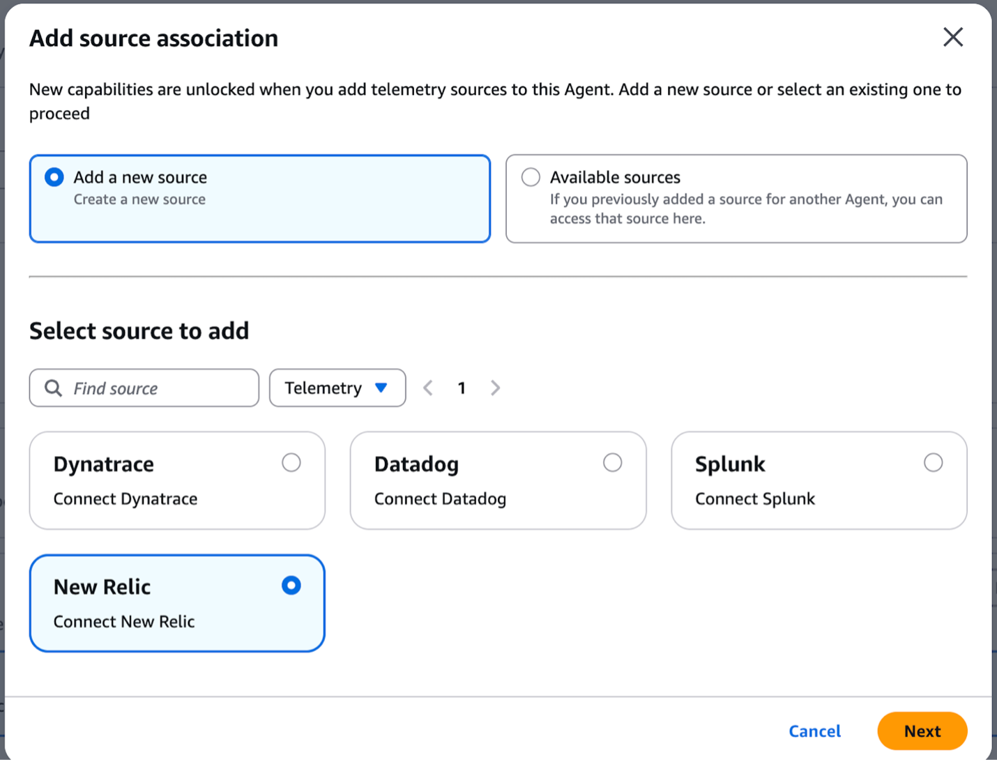 Screen shot with Add a new source radio button selected and Select source to add has radio button New Relic selected