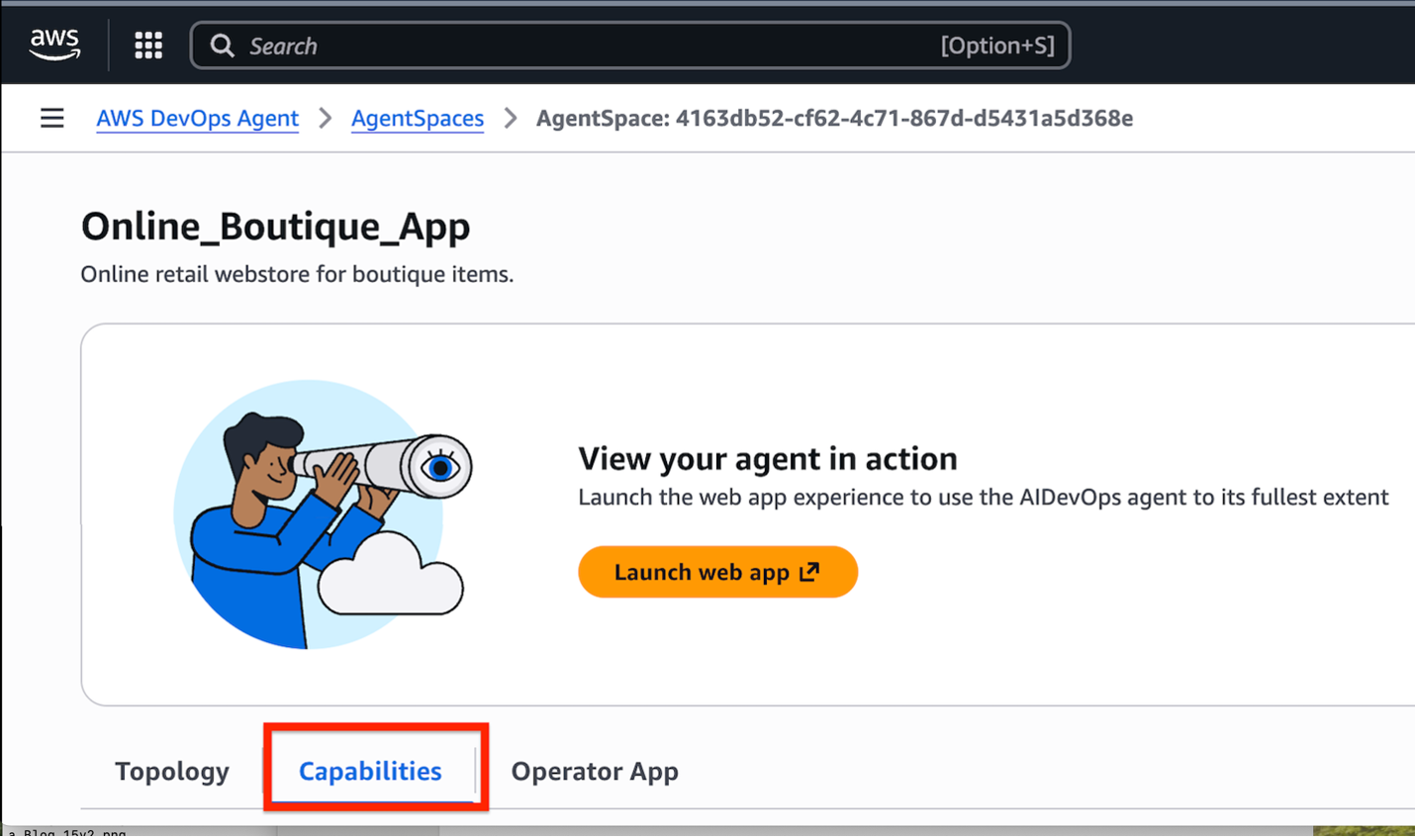 Screen shot with a red square around the tab for Capabilities in the AWS DevOps Agent -> AgentSpaces view in the AWS Console