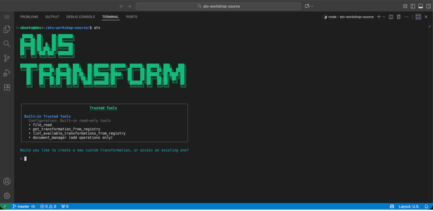 Screenshot of AWS Transform custom interactive mode.