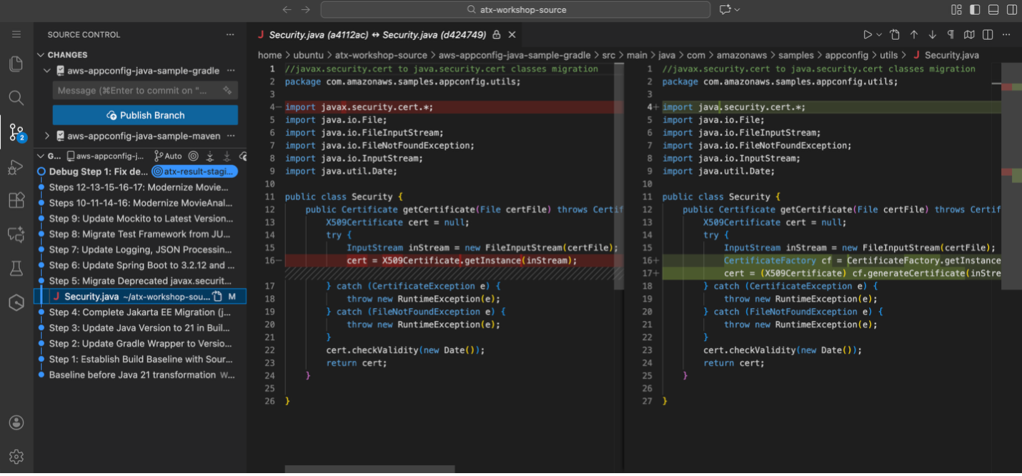 Figure 7: Updated dependency from javax.security to java.security and uses CertificateFactory to get X509Certificate