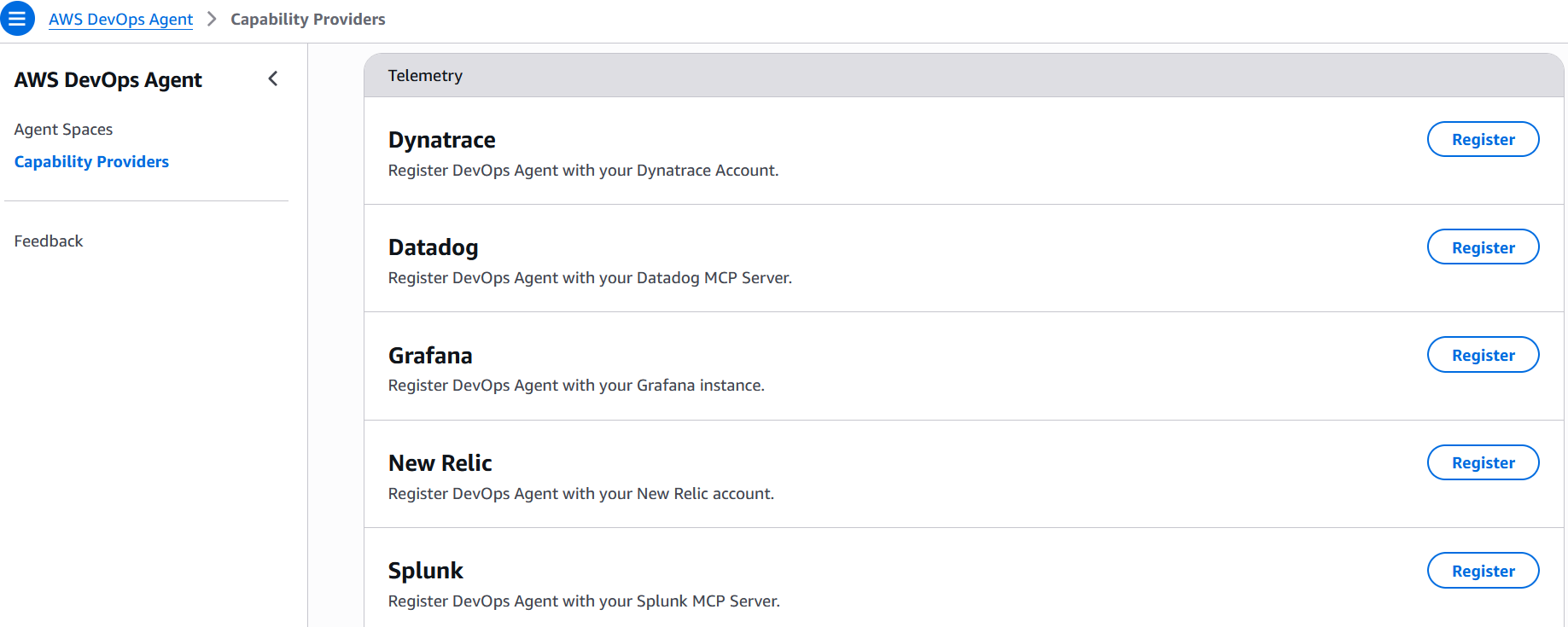 Screenshot showing the AWS DevOps Agent's telemetry integration configuration