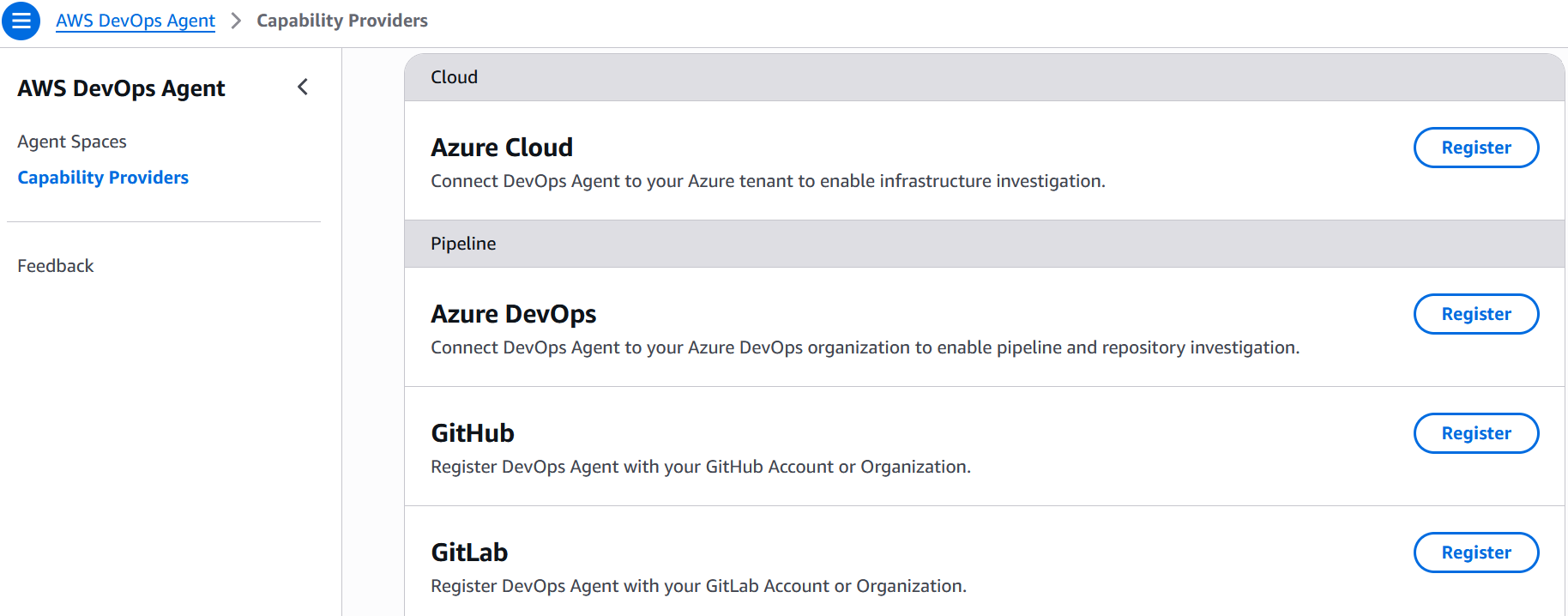Screenshot showing the AWS DevOps Agent's multi-cloud and pipeline integration settings
