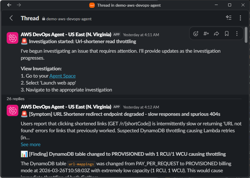 Screenshot showing Slack notifications sent by the AWS DevOps Agent during an investigation
