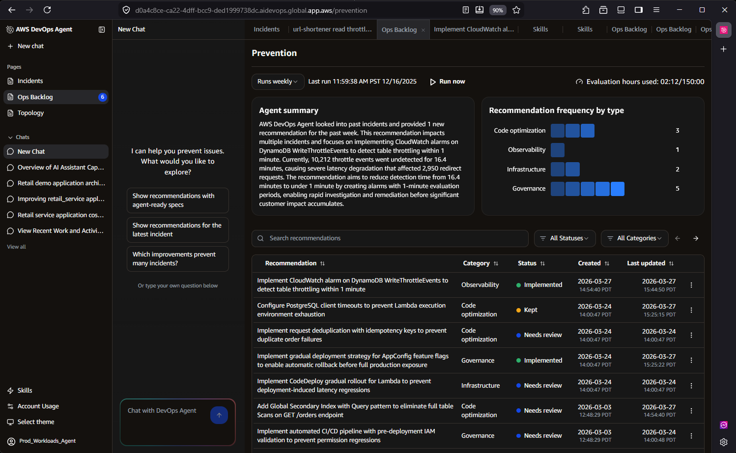 Screenshot showing prevention recommendations generated by the AWS DevOps Agent in the Ops Backlog