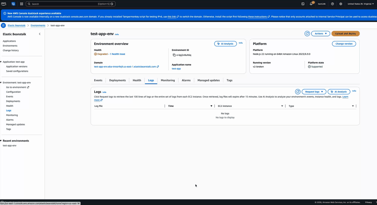 Video 1 – Requesting AI analysis from the Elastic Beanstalk console