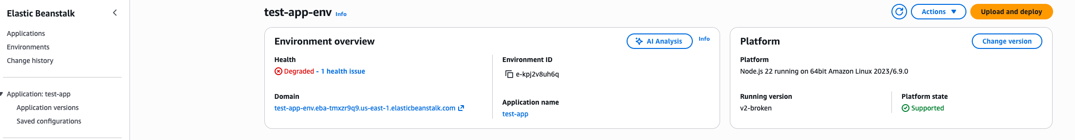 Figure 3 – Environment health showing Degraded (Red) status with the AI Analysis button visible