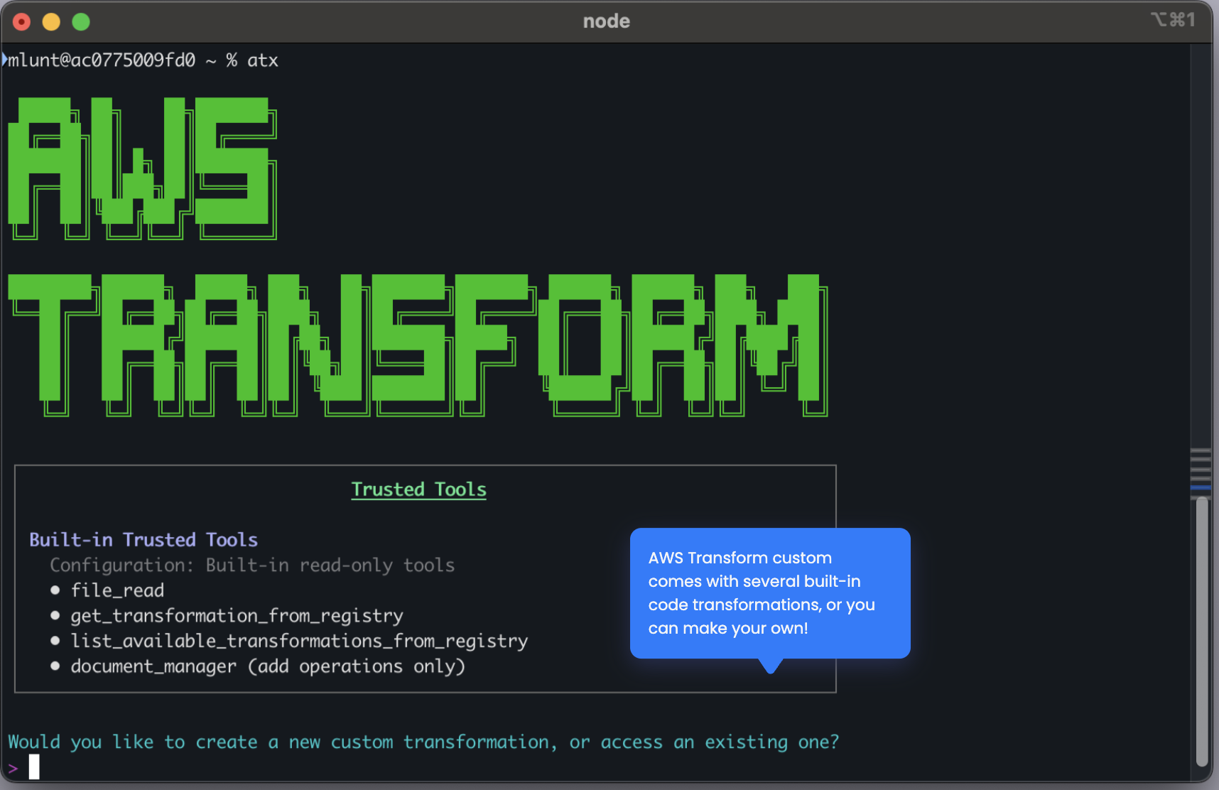 Screenshot showing the AWS Transform custom interactive session interface for providing migration context