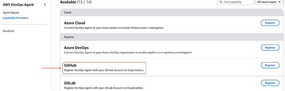 Screenshot showing the configuration screen in DevOps Agent to connect to GitHub.
