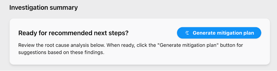 Screenshot showing the "Generate mitigation plan" button in DevOps Agent Operator Console.