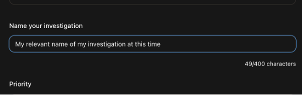 Screenshot showing the Name your investigation input in DevOps Agent Operator Console.