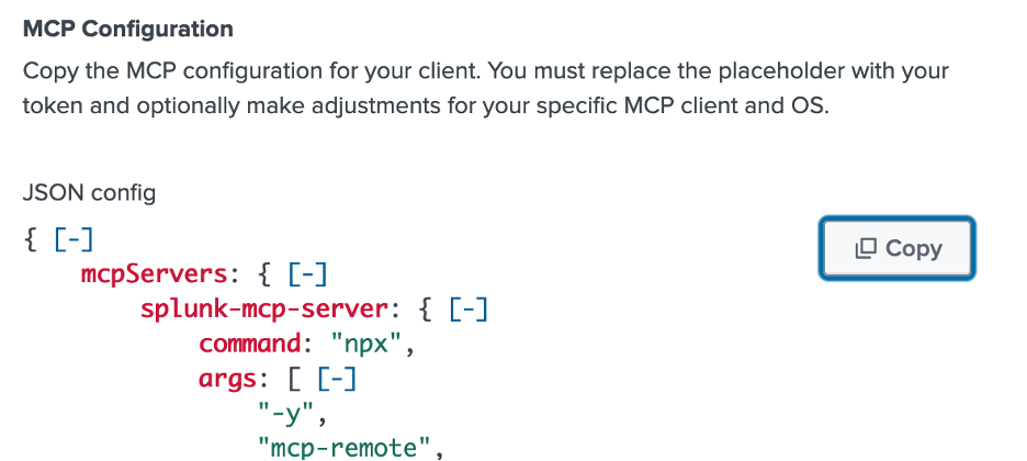 Screenshot showing Splunk MCP configuration.