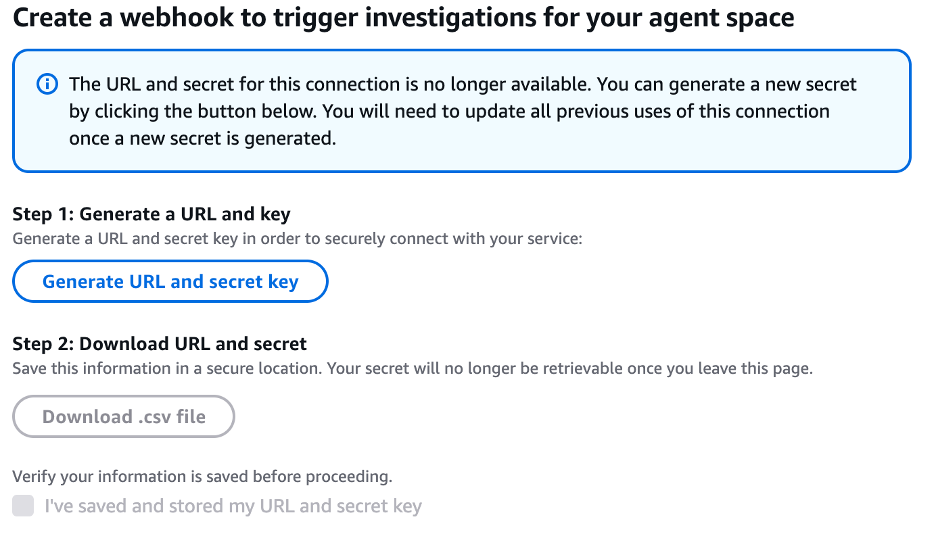 Screenshot of the "Create a webhook to trigger investigations for your agent space" form.