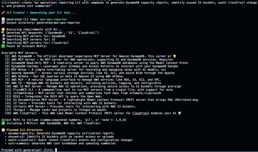 Terminal screenshot of a CLI Creator tool generating an AWS operations reporting CLI called "aws-ops-reporter." The tool analyzes requirements, detects API keywords (DynamoDB, S3, CloudTrail), and displays 18 available MCP servers. The user selects servers 1, 9, and 18 (AWS DynamoDB, AWS S3, AWS CloudTrail). A planned CLI structure shows four commands: dynamo-capacity, unused-s3, audit-cloudtrail, and cost-summary. A confirmation prompt reads "Proceed with generation? [Y/n].