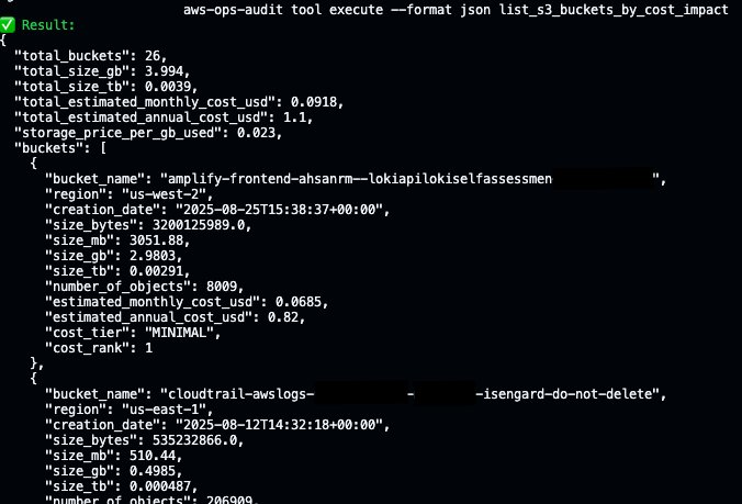 Terminal screenshot showing a two-line git log output. The most recent commit (ef4a65e, HEAD → main) reverts the list_s3_buckets_by_cost_impact tool. The previous commit (3640bde) updated the same tool to "exclude buckets with zero objects and add a total."