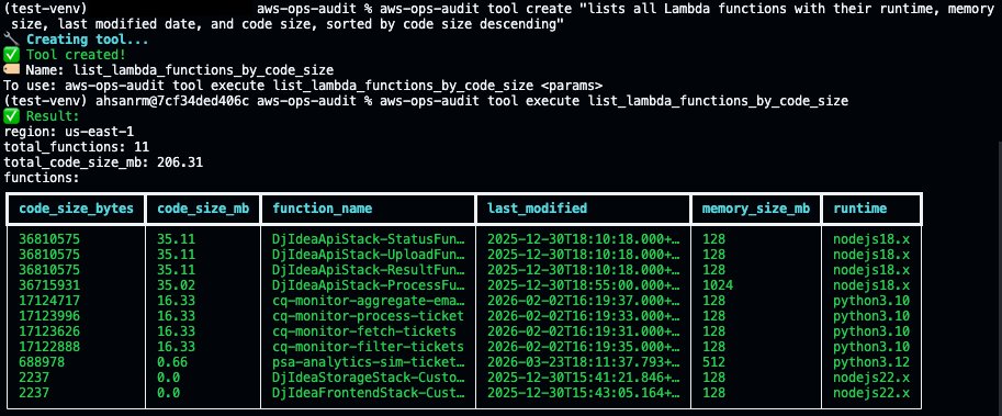 Terminal screenshot showing the creation and immediate execution of a new "list_lambda_functions_by_code_size" tool using the aws-ops-audit CLI. The tool is created from a natural language description, then executed to produce a Lambda functions report for us-east-1 showing 11 functions with a total code size of 206.31 MB, displayed in a table sorted by code size descending.