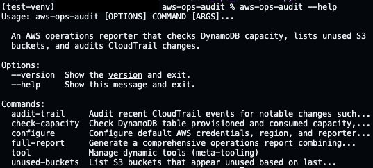 Terminal screenshot showing the help output for the "aws-ops-audit" CLI tool, run inside a Python virtual environment (test-venv). The tool is described as "An AWS operations reporter that checks DynamoDB capacity, lists unused S3 buckets, and audits CloudTrail changes." Two options (--version, --help) and six commands (audit-trail, check-capacity, configure, full-report, tool, unused-buckets) are listed.