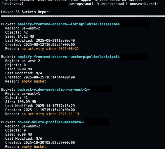 Terminal screenshot showing the output of the "aws-ops-audit unused-buckets" command run in a Python virtual environment. An "Unused S3 Buckets Report" lists four S3 buckets with metadata including name, region, object count, size, last modified date, creation date, and reason for being flagged — either "no activity since [date]" or "empty bucket."