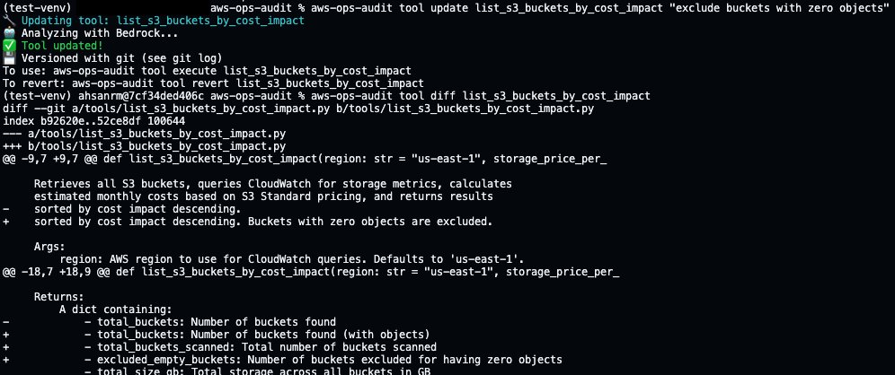 Terminal screenshot showing the update of the "list_s3_buckets_by_cost_impact" tool using the aws-ops-audit CLI with the instruction to "exclude buckets with zero objects." The tool is updated via Bedrock AI analysis, versioned with git, and a git diff displays changes to the function's docstring — adding exclusion behavior documentation and new return fields (total_buckets_scanned, excluded_empty_buckets).