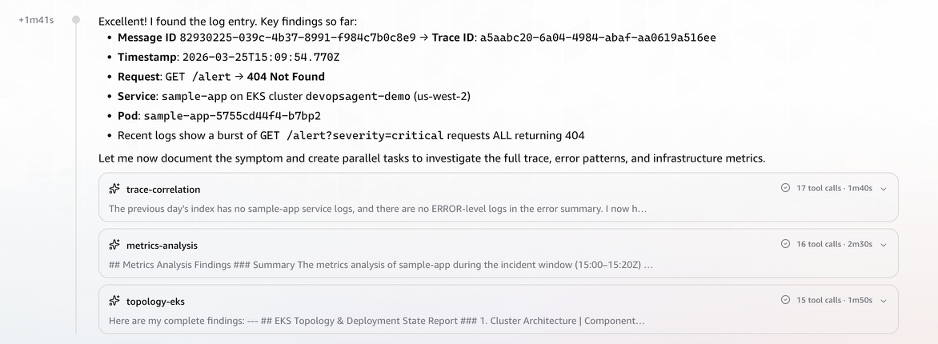 Screenshot showing the trace ID successfully resolved from the Elasticsearch log structure, triggering three parallel investigation tasks: Datadog metrics correlation, EKS topology analysis, and CloudTrail event correlation.