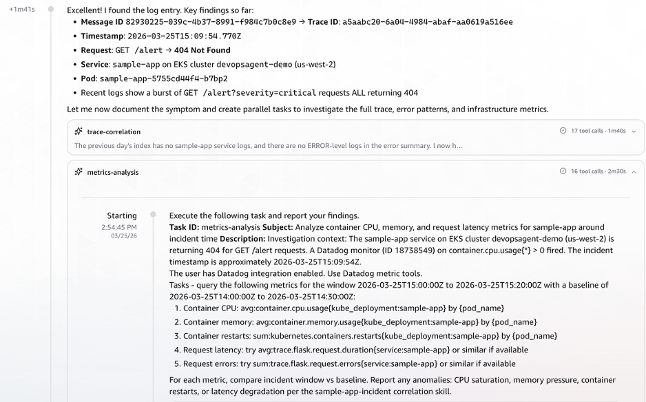 Screenshot of Datadog metrics retrieved by AWS DevOps Agent using the extracted trace ID, showing CPU utilization, memory usage, pod restart counts, and request latency metrics for the affected service.