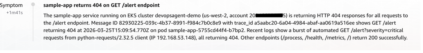 Screenshot of AWS DevOps Agent endpoint analysis showing three healthy endpoints returning HTTP 200 responses (health, metrics, process) and the alert endpoint returning consistent HTTP 404 failures, isolating the anomaly to the newly deployed alert endpoint.