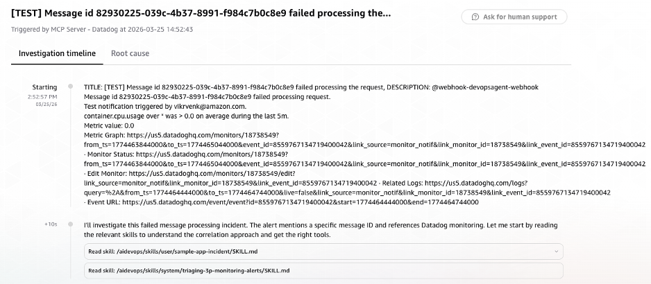 Screenshot of AWS DevOps Agent console showing an investigation automatically initiated via Datadog webhook. The alert payload context includes message ID, trace ID, and alert timestamp. Investigation skills sample-app-incident and triaging-3p-monitoring-alerts are loaded
