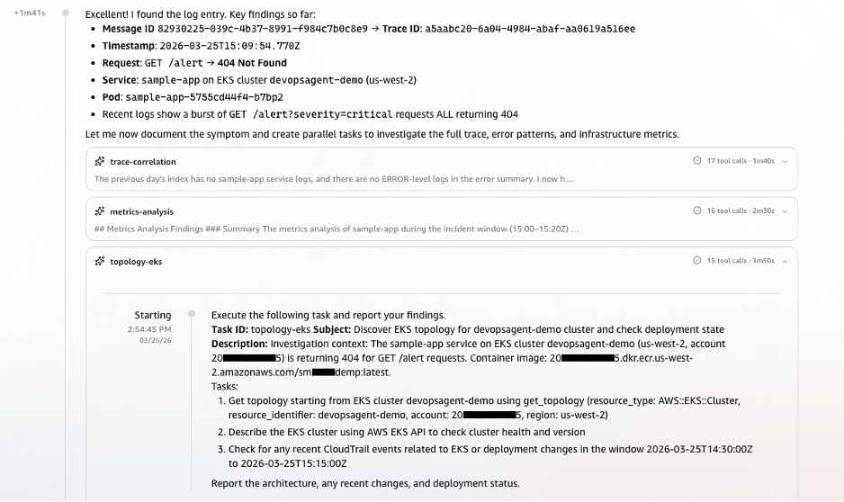 Screenshot of AWS CloudTrail event correlation identifying deployment and configuration change events in the time window preceding the alert, including ECR image push and EKS rolling deployment events