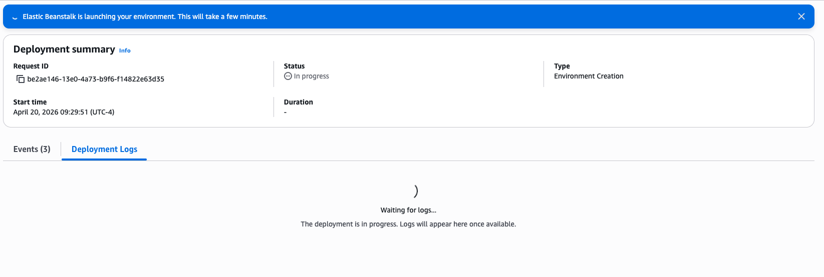 Deployment details page showing a Deployment summary card (Request ID, Status: In progress, Type: Environment Creation) with the Deployment Logs tab selected and a "Waiting for logs..." placeholder.