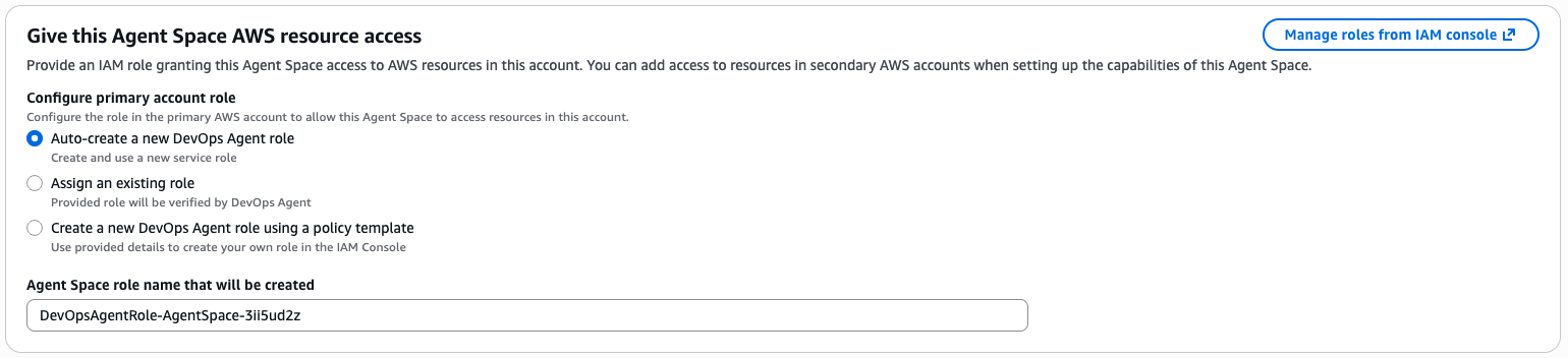 Agent Space setup screen showing the two IAM roles required, one for Agent Space operations and one for web app functionality