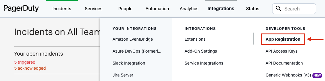 PagerDuty Integrations menu showing the App Registration option