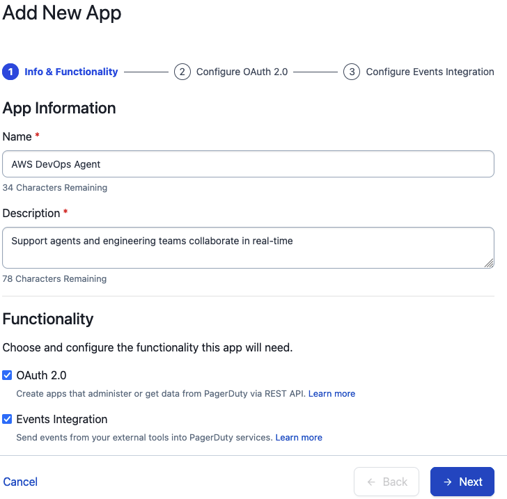 PagerDuty App Registration page for creating a new app