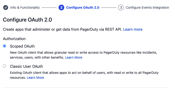 PagerDuty new app form with OAuth 2.0 Scoped OAuth selected as the authentication type