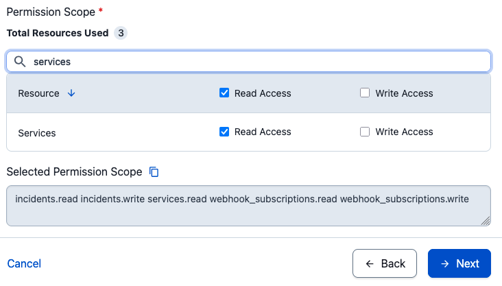 PagerDuty OAuth permissions screen showing the minimum required scopes for incidents, services, and webhook subscriptions