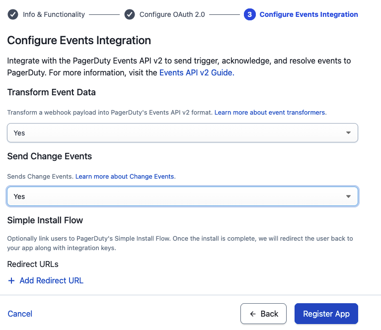 PagerDuty app configuration with Events Integration enabled