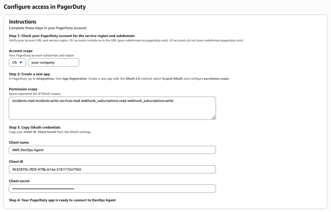 Configure access in PagerDuty form with fields for region, subdomain, OAuth client name, client ID, and client secret
