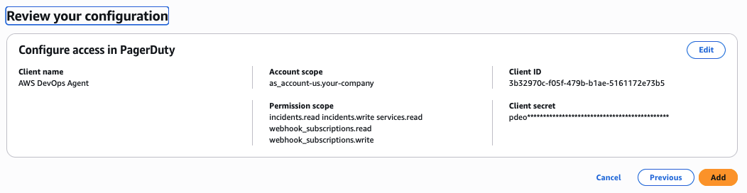 Review screen for the PagerDuty Capability Provider configuration before adding