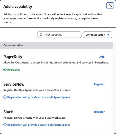 Provider selection list with PagerDuty available to add to the Agent Space