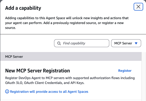 Add custom MCP server form in the AWS DevOps Agent console