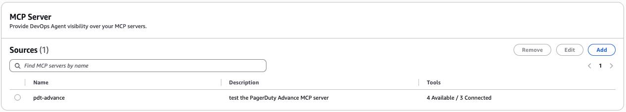 MCP server configuration showing the server URL field and PagerDuty User API token authentication field